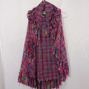 Meghan LA Tweed Knit Sleeveless Color Pop Open Shawl Vest Fringe Sz M Boho